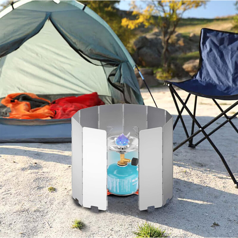 Saliekamais degļu vējstikls āra kempinga plīts pikniks, degļa vējstikls nerūsējošā tērauda noņemams gāzes plīts vējstikls