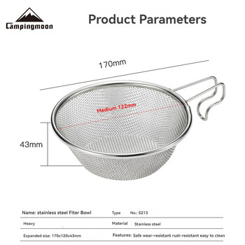 CAMPINGMOON Outdoor Camping Snow Bowl Food Grade 304 από ανοξείδωτο ατσάλι Λεπτό μπολ φίλτρου κουταλιού ψαρέματος S213