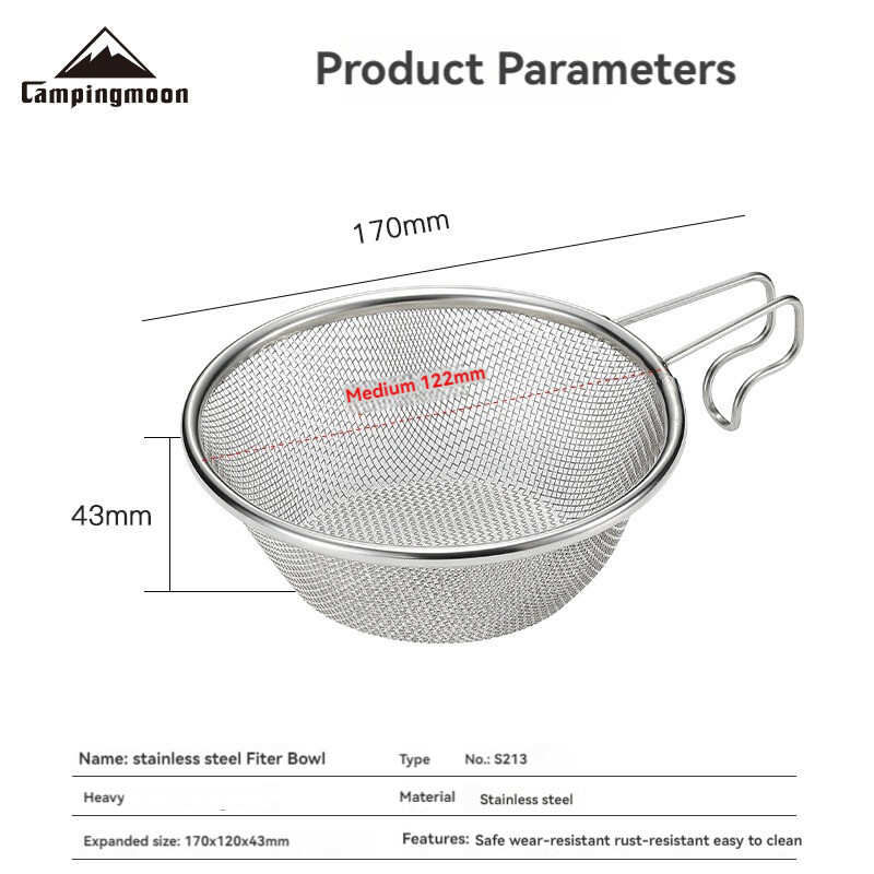 CAMPINGMOON Outdoor Camping Snow Bowl Food Grade 304 Nerūsējošā tērauda makšķerēšanas karote smalka filtra bļoda S213