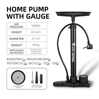 WEST BIKING Велосипедна помпа 160PSI Въздушна помпа под налягане с манометър Schrader/Presta/Dunlop Valve Inflator Househood Bike Ball Pump Tool Tool
