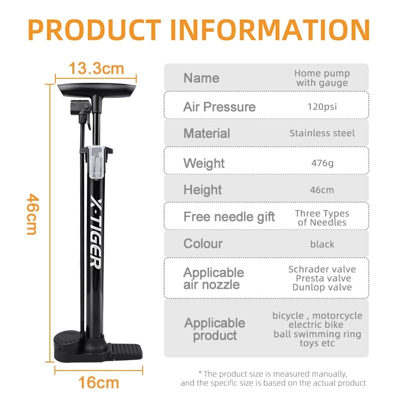 Велосипедна помпа X-TIGER 120psi манометър с колан от неръждаема стомана, подходящ клапан Schrader/Presta/Dunlop Аксесоари за велосипедни велосипеди