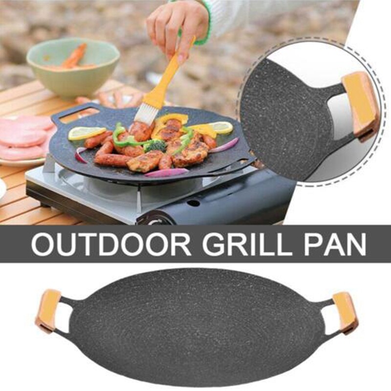 Кръгла желязна плоча за барбекю 28CM незалепващ грил тиган с дървена дръжка Домакински тиган за барбекю Пътуване на открито Къмпинг