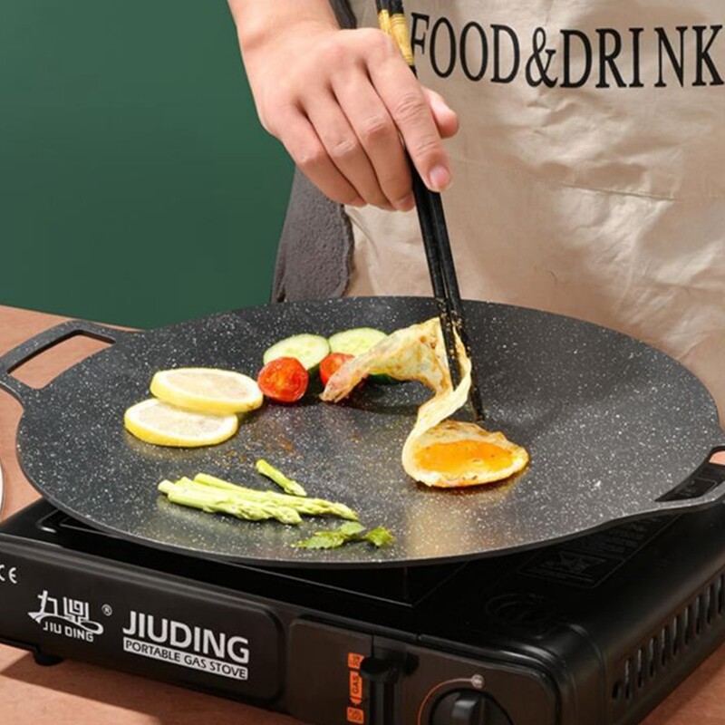 Кръгла желязна плоча за барбекю 28CM незалепващ грил тиган с дървена дръжка Домакински тиган за барбекю Пътуване на открито Къмпинг