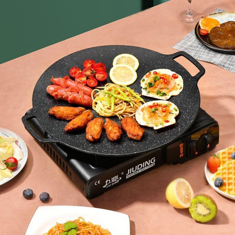 Кръгла желязна плоча за барбекю 28CM незалепващ грил тиган с дървена дръжка Домакински тиган за барбекю Пътуване на открито Къмпинг