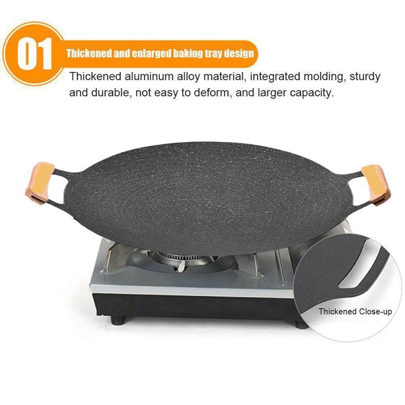 Кръгла желязна плоча за барбекю 28CM незалепващ грил тиган с дървена дръжка Домакински тиган за барбекю Пътуване на открито Къмпинг