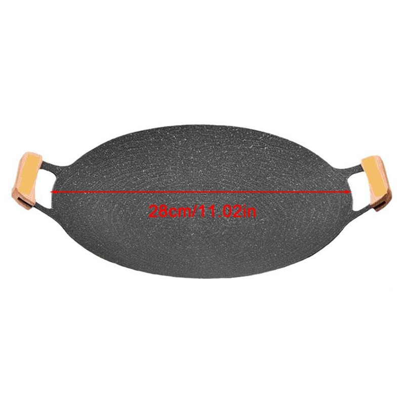 Кръгла желязна плоча за барбекю 28CM незалепващ грил тиган с дървена дръжка Домакински тиган за барбекю Пътуване на открито Къмпинг