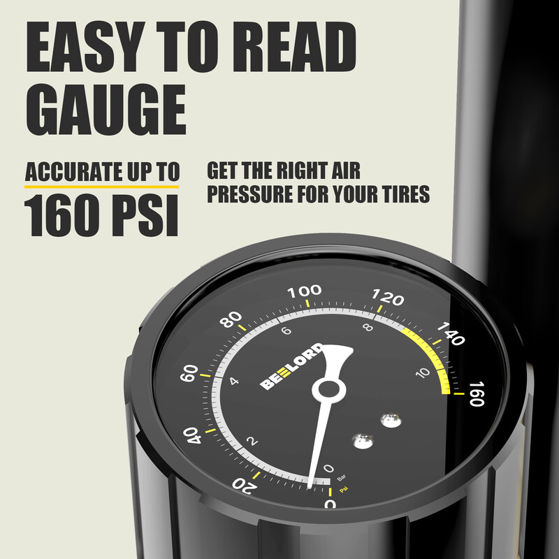BEELORD profesionālas klases velosipēda sūknis ar spiediena mērītāju — MAX 160 PSI lodveida piepūšanas adatas Presta/Schrader vārsta adapteri