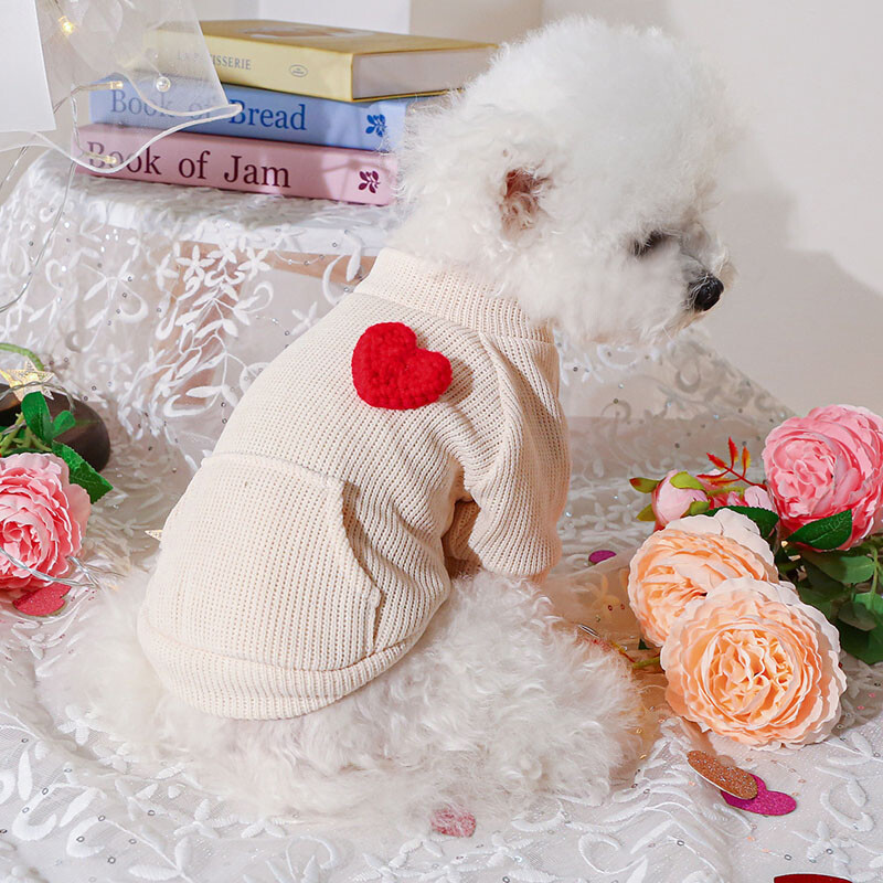 Бежови джобни дрехи за котки за домашни любимци Риза с качулки за кучета с шарка на сърце Костюм за малки и средни кучета Йорки Чивава