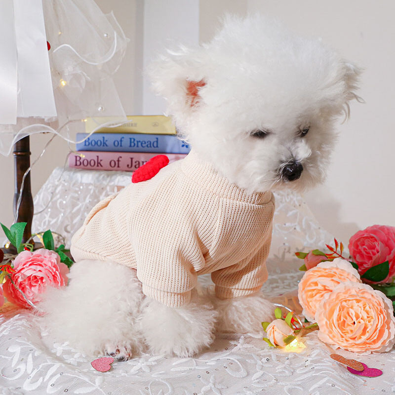 Бежови джобни дрехи за котки за домашни любимци Риза с качулки за кучета с шарка на сърце Костюм за малки и средни кучета Йорки Чивава