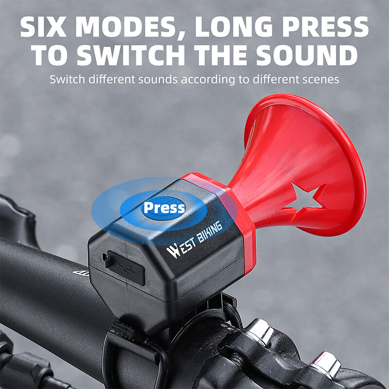 WEST BIKING Zvono za bicikl Biciklistički elektronički glasni sigurnosni alarm za trubu Električno USB punjivo vodootporno zvono upozorenja za bicikl
