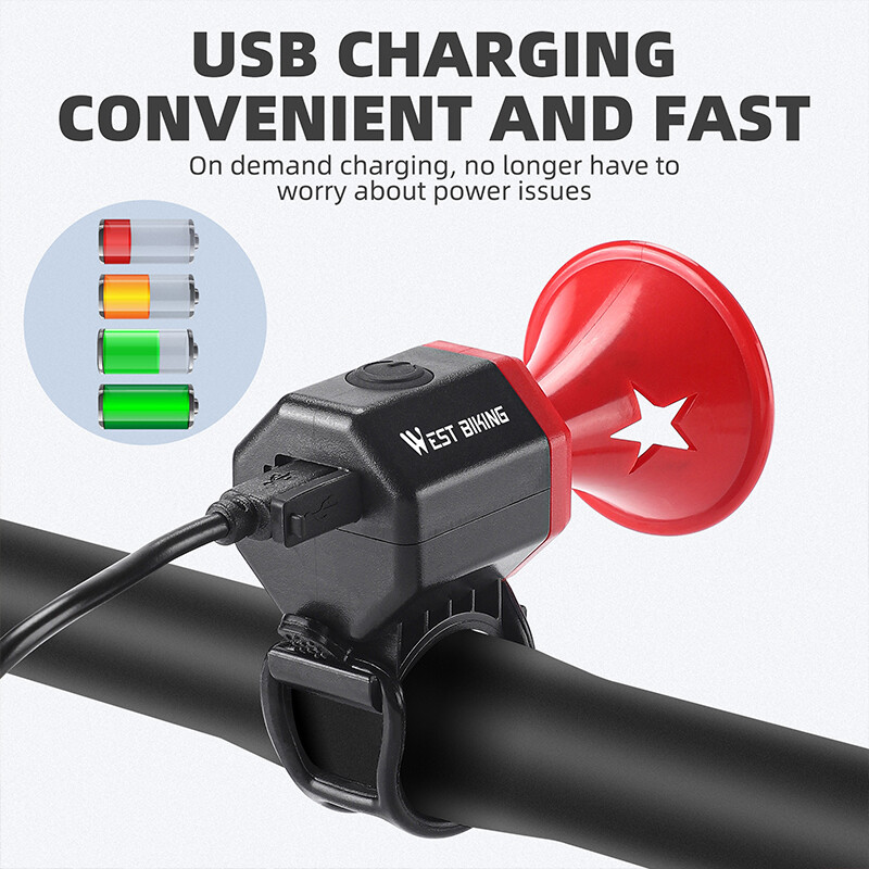 WEST BIKING Zvono za bicikl Biciklistički elektronički glasni sigurnosni alarm za trubu Električno USB punjivo vodootporno zvono upozorenja za bicikl