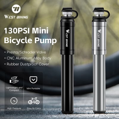 WEST BIKING Mini pompă portabilă pentru biciclete 130PSI Pompe de aer de înaltă presiune Supapă Presta/Schrader, aliaj de aluminiu, umflator anvelope pentru biciclete