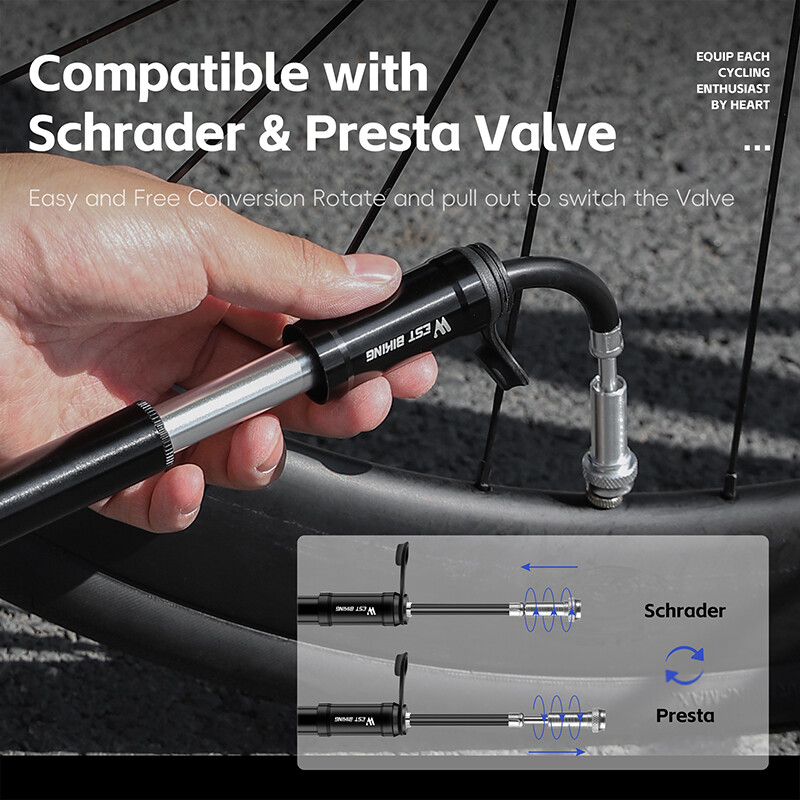 WEST BIKING pārnēsājams mini velosipēdu sūknis 130 PSI augstspiediena gaisa sūkņi Presta/Schrader Valve alumīnija sakausējuma velosipēda riepu piepūšana