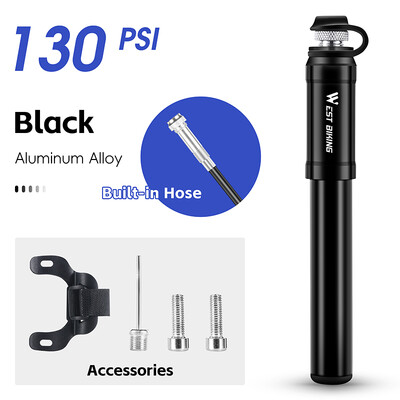 WEST BIKING pārnēsājamais velosipēda sūknis 130 PSI augstspiediena ar šļūteni Presta Schrader Valve alumīnija sakausējuma MTB šosejas velosipēdu riepu sūknis