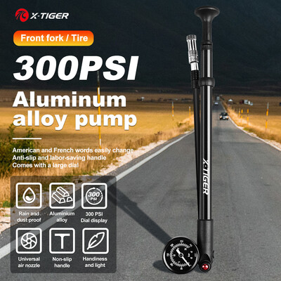 X-TIGER pārnēsājams velosipēda gaisa sūknis augstspiediena gaisa sūknis šosejas velosipēda kalnu velosipēdam, trieciena gaisa sūknis, 300 psi ar spiediena mērītāju