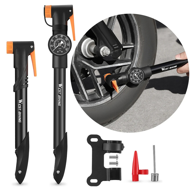 Daudzfunkcionāls rokas sūknis ar mērierīces rokas riepas gaisa piepūšanu, 360 grādos rotējošs galvas pārnēsājams velosipēda sūknis, kas paredzēts velosipēdu basketbolam