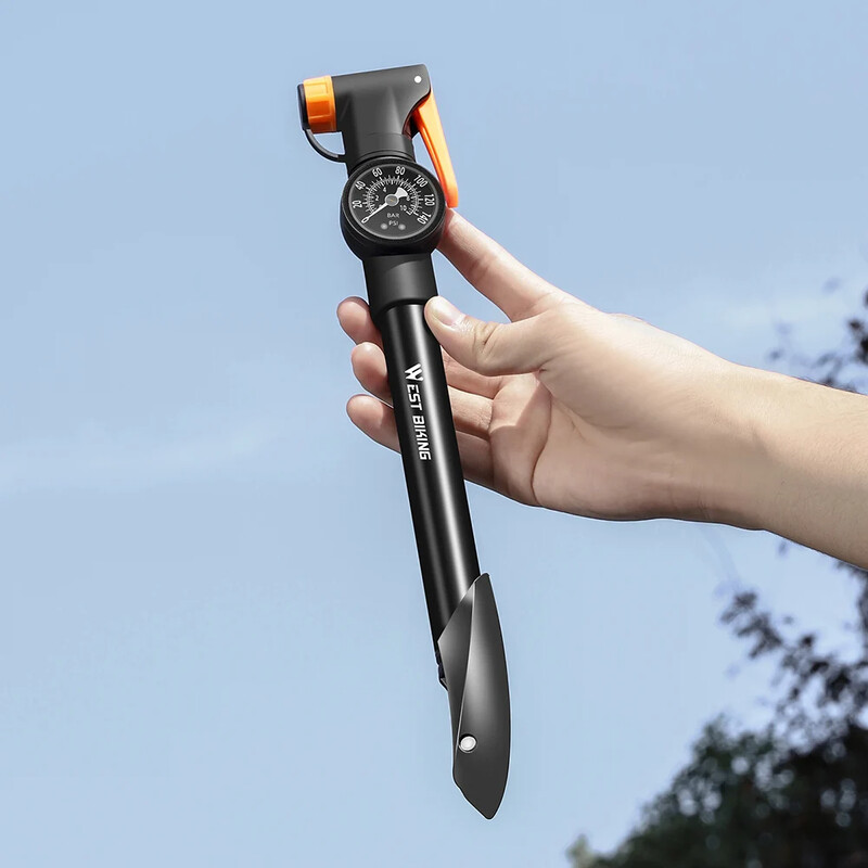 Daudzfunkcionāls rokas sūknis ar mērierīces rokas riepas gaisa piepūšanu, 360 grādos rotējošs galvas pārnēsājams velosipēda sūknis, kas paredzēts velosipēdu basketbolam