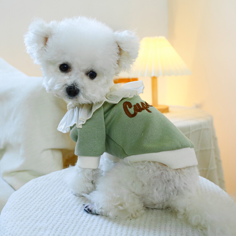 1PC îmbrăcăminte pentru animale de companie pisică primăvară toamnă pluș îngroșat verde tort din dantelă pulover cămașă cu gât rotund potrivit pentru câini mici și mijlocii
