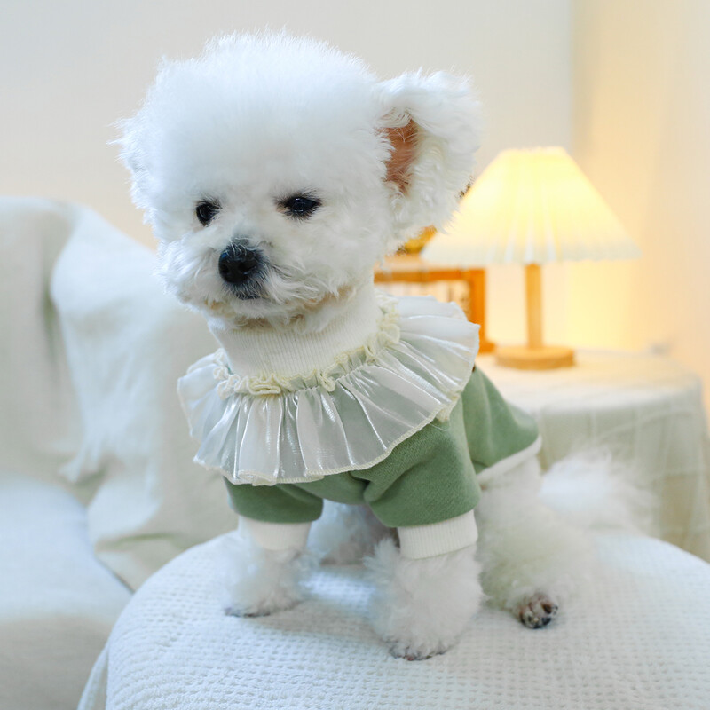 1PC îmbrăcăminte pentru animale de companie pisică primăvară toamnă pluș îngroșat verde tort din dantelă pulover cămașă cu gât rotund potrivit pentru câini mici și mijlocii