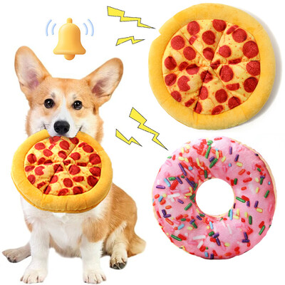 Плюшена играчка за куче Donut Pizza Shape Pet Squeaky Toys for Small Large Dogs Cleaning Teeth Puppy Chew Sound Toy Зоотовары