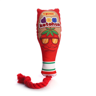 Suņu rotaļlieta, kas ir izturīga un rada skaņas, imitēta ievārījuma pudele, kokvilnas un lina mezglota virve, izglītojoša rotaļlieta mājdzīvniekam