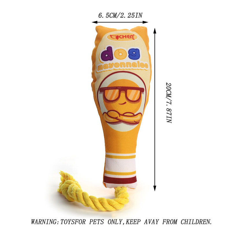 Suņu rotaļlieta, kas ir izturīga un rada skaņas, imitēta ievārījuma pudele, kokvilnas un lina mezglota virve, izglītojoša rotaļlieta mājdzīvniekam