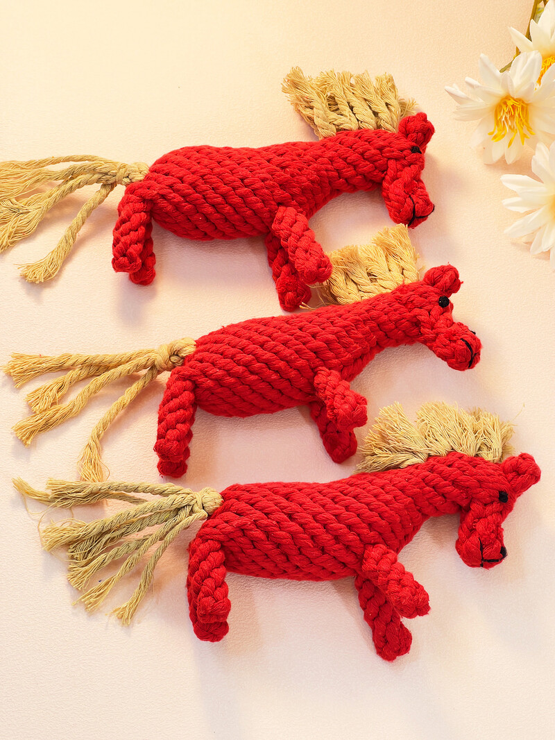 1 ručno tkana igračka za grickanje ljubimca ponija od crvenog pamučnog užeta za zabavu i interaktivne zalihe igračaka za kućne ljubimce koje su čvrste i otporne na ugrize