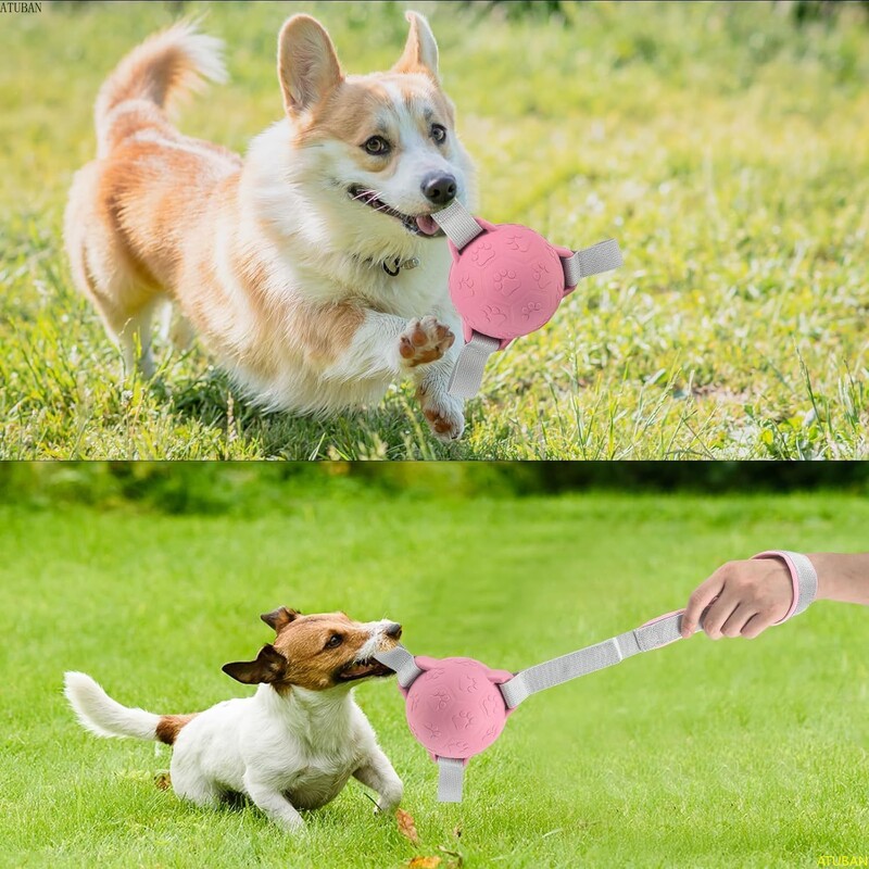 ATUBAN suņu futbola bumbas rotaļlieta ar siksnām: interaktīva gumijas ūdens rotaļlieta, ideāla dāvana suņiem, piemērota virves vilkšanai un āra spēlēm