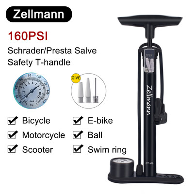 Zellmann 160 PSI velosipēda gaisa sūknis pārnēsājams gaisa sūknis, daudzfunkcionāli augstspiediena sūkņi ar barometra ceļa MTB velosipēdu piepūšanu