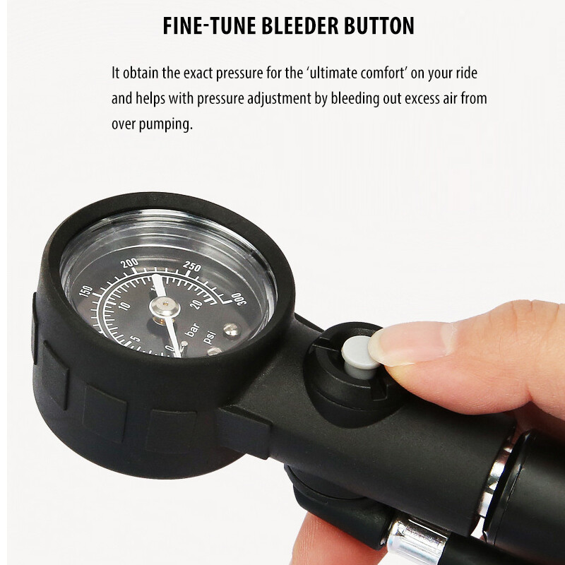 GIYO GS-41E MTB velosipēda riepu sūknis un amortizatora sūknis 300PSI augstspiediena mērinstrumentam dakšai un aizmugurējai balstiekārtai ar stiprinājuma kronšteinu