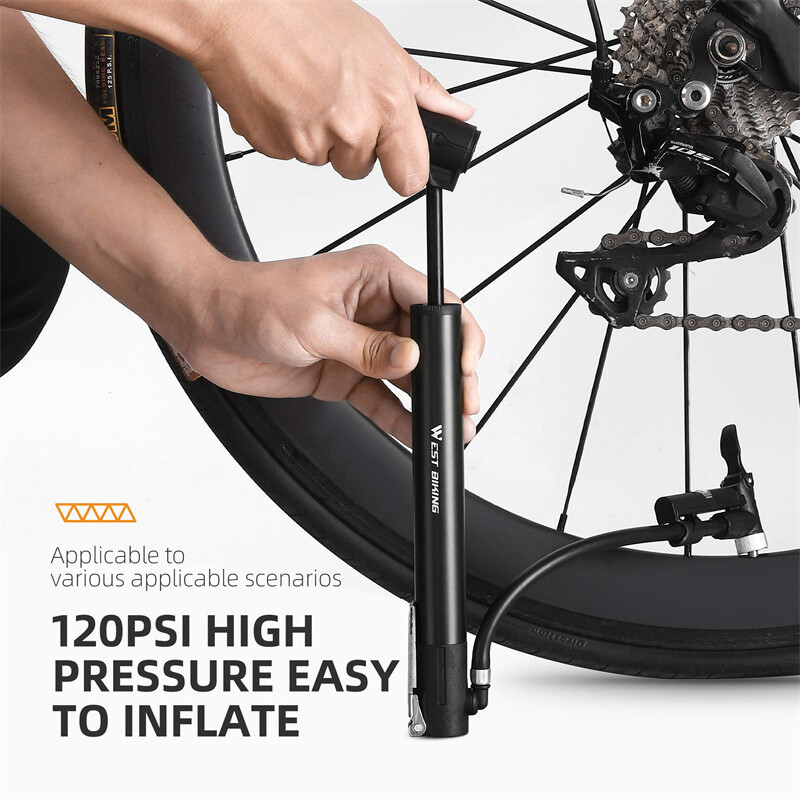 WEST BIKING velosipēda sūknis, mini pārnēsājams 120 PSI MTB šosejas velosipēdu rokas sūknis priekš Schrader Presta Valve riteņbraukšanas riepu gaisa piepūšanas