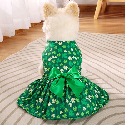 Zaļā āboliņa kucēna suņa kleita St Patrick Day Pet Dog Tille svārki ar tauriņu Lucky Clover svētku kleitas maziem suņiem kaķiem