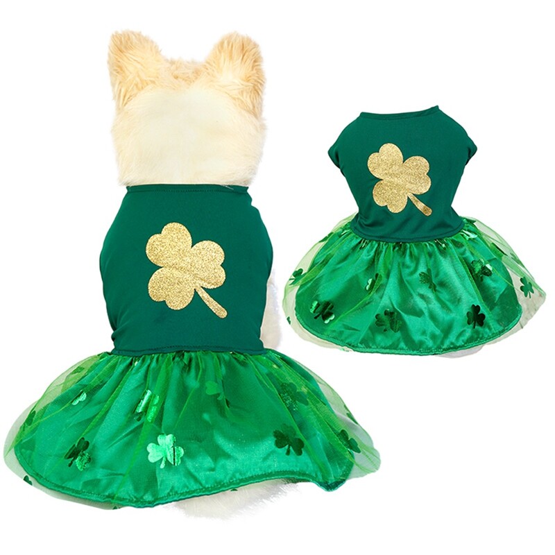Zaļā āboliņa kucēna suņa kleita St Patrick Day Pet Dog Tille svārki ar tauriņu Lucky Clover svētku kleitas maziem suņiem kaķiem