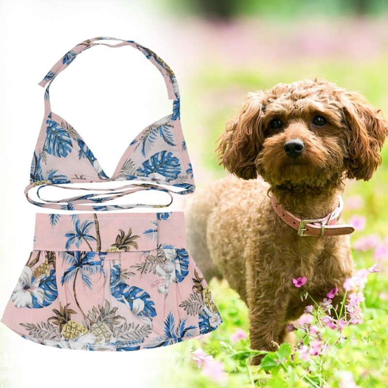Mājdzīvnieku peldkostīms mīksts mājdzīvnieku bikini kleita šņorējams suņu peldkostīms ar ziedu apdruku kaķu vasaras pludmales svārki peldkostīmi maziem suņiem