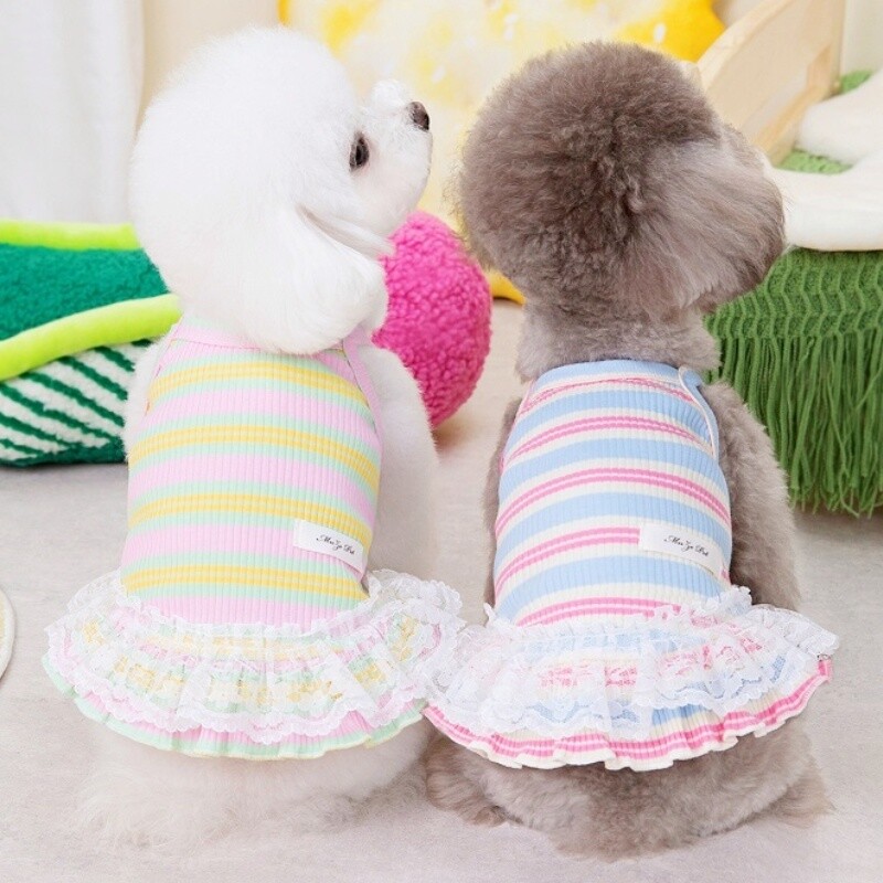 Vasaras mājdzīvnieku suņu apģērbi Modes svītraina suņu kleita Jauka mežģīņu kucēna princeses svārki kaķu kāzu svārki mājdzīvnieku suņu apģērbi maziem suņiem