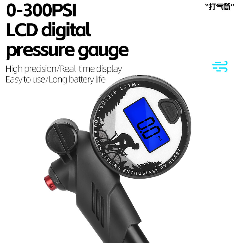 WEST BIKING 300PSI Pumpa za bicikle LCD Digitalni dijaplay Mjerač tlaka zraka Pumpa za bicikle Prijenosni uređaj za napuhavanje guma MTB biciklistička oprema