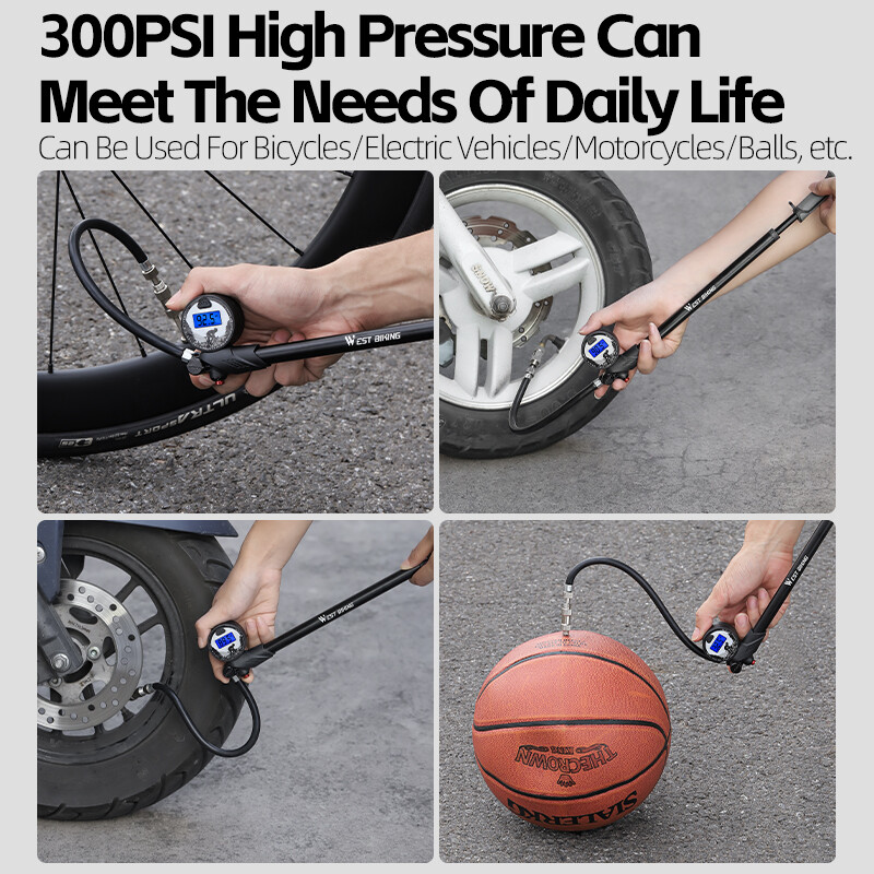 WEST BIKING 300PSI Pumpa za bicikle LCD Digitalni dijaplay Mjerač tlaka zraka Pumpa za bicikle Prijenosni uređaj za napuhavanje guma MTB biciklistička oprema