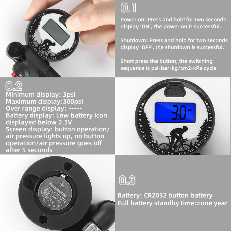 WEST BIKING 300PSI Pumpa za bicikle LCD Digitalni dijaplay Mjerač tlaka zraka Pumpa za bicikle Prijenosni uređaj za napuhavanje guma MTB biciklistička oprema