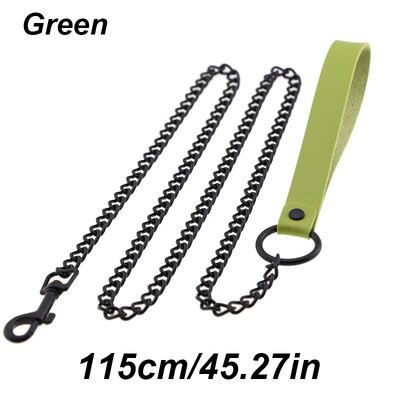 Ādas roktura ķēdes suns, izturīga metāla košļājamā suņu apmācības pavada 115 cm Lieljaudas pretkodienu suņu milzu ķēdes pavada ar