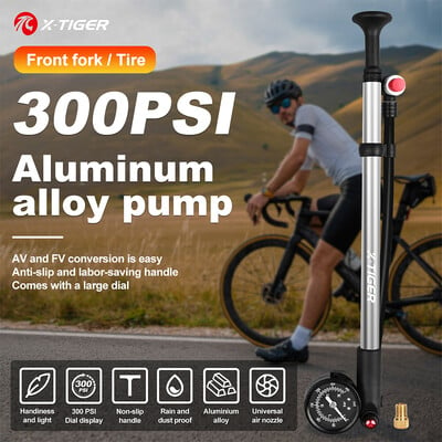 X-TIGER POMPA GONFLABALA BICICLETA Pompa de aer portabila usoara pentru bicicleta Pompa de aer de inalta presiune 300psi cu manometru 2024 NOU