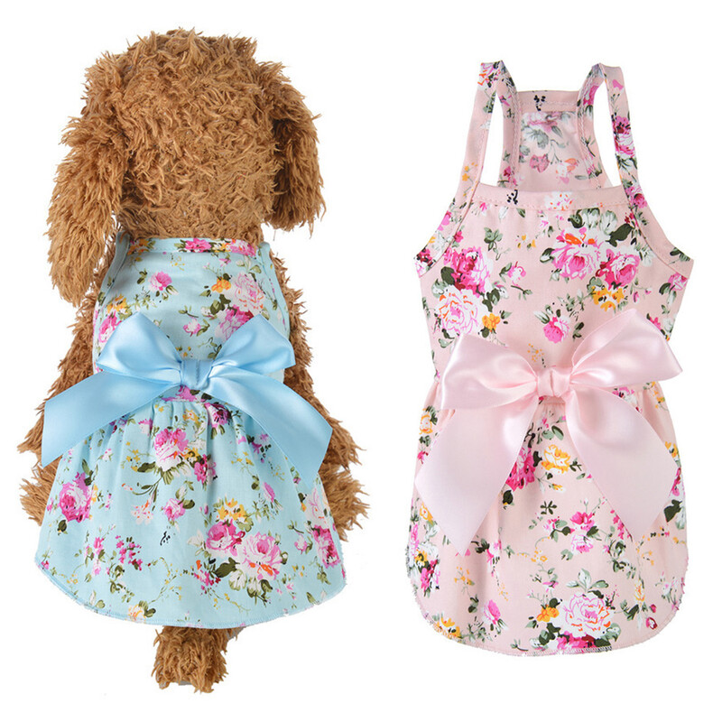 Mājdzīvnieku svārki Bowknot Ziedu apdruka Mājdzīvnieku svārki Kucēns Kaķēns Plāni svārki Lente Bow Kokvilnas Suņu Apģērbi Princešu kleita Mājdzīvnieku aksesuāri