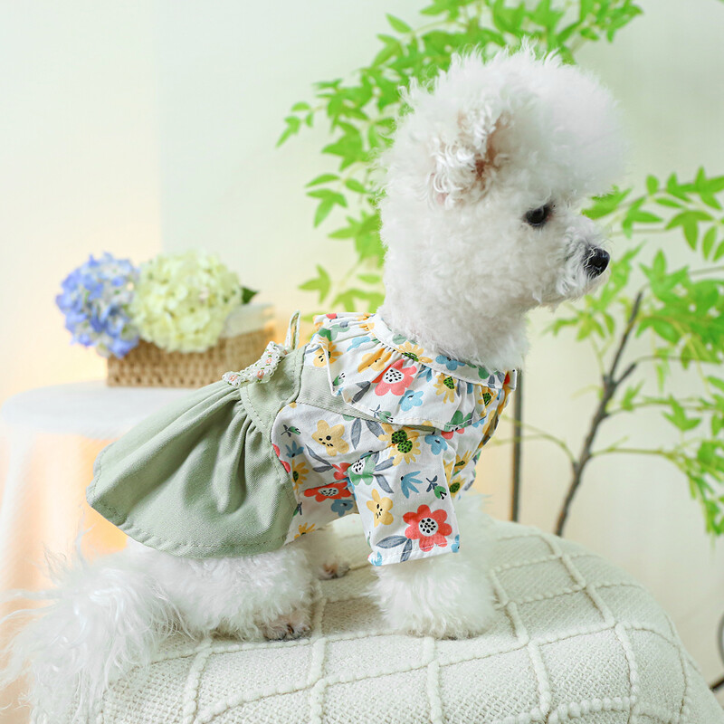 1PC Odjeća za kućne ljubimce Proljeće/ljeto, tanka haljina visokog struka, zelena princeza s cvjetovima, prikladna za male i srednje pse