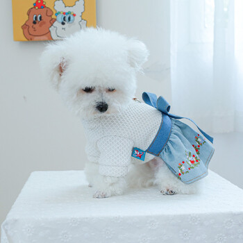 1 τεμάχιο Pet Clothing Dog Cat Fall/Winter Blue floral τζιν φόρεμα με φιόγκο κατάλληλο για μικρού έως μεσαίου μεγέθους σκύλους