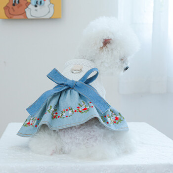 1 τεμάχιο Pet Clothing Dog Cat Fall/Winter Blue floral τζιν φόρεμα με φιόγκο κατάλληλο για μικρού έως μεσαίου μεγέθους σκύλους