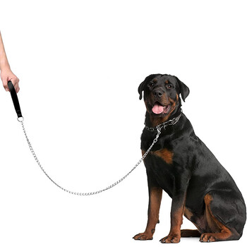 120cm Heavy Duty Anti-Bite Dog Γιγαντιαίο λουρί αλυσίδας με δερμάτινη λαβή Chain λουρί σκύλου Ανθεκτικό μεταλλικό λουρί εκπαίδευσης σκύλου από μάσημα