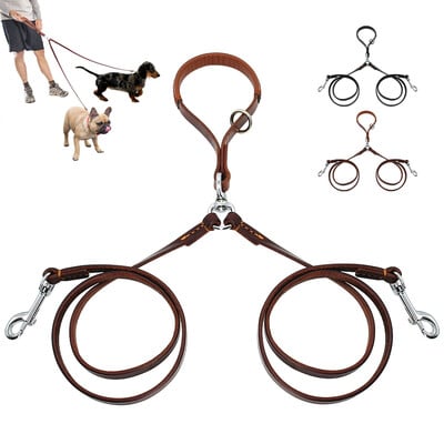 2 Ways Dog Leash Double Two Pet Leather Heads NoTangle Съединител с дръжка за разходка и обучение 2 малки средни кучета