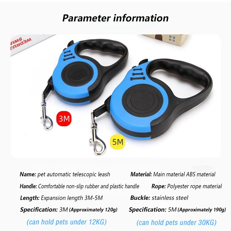 3 m 5 m 12/30 kg šuns pavadėlis, ištraukiamas ruletės antkaklis mažiems dideliems šunims Priedai Reguliuojamas patvarus vaikščiojimas pėsčiomis buldogo virvė