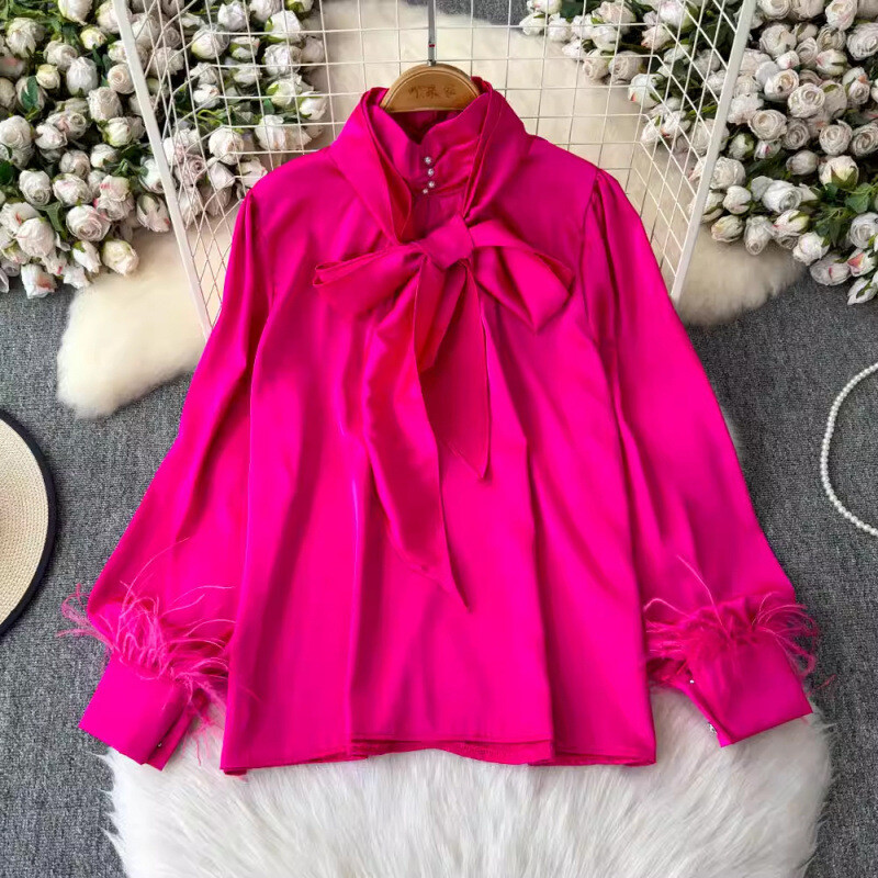 Темпераментна професионална сатенена горна риза с дълги ръкави, малка риза, френска горна риза за жени