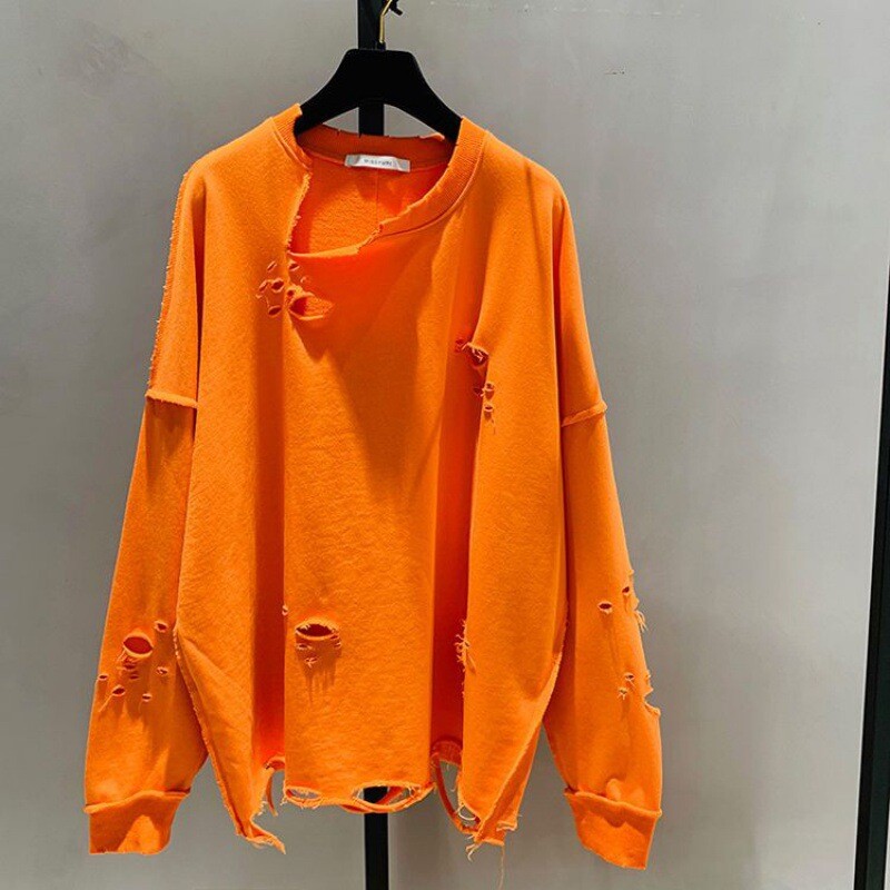 100% plēsts sporta krekls ar vaļīgu apaļu apkakli, vidēja garuma, pavasaris un rudens, jauna mode, sieviešu korejiešu versija, oranžs T-krekls ar garām piedurknēm