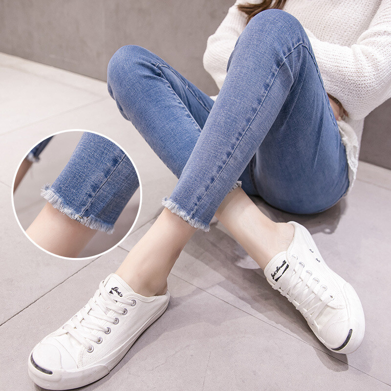 Deviņu punktu džinsa bikses grūtniecēm ar augstu elastību Pavasara un rudens biezas vēderbikses grūtniecēm Ikdienas džinsa mini bikses